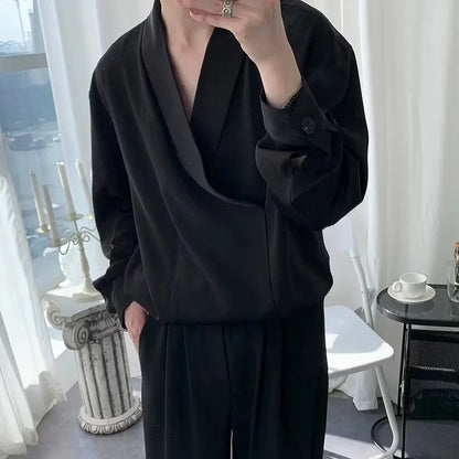 Black Long-sleeved Shirt Men Fashion Social Mens Dress Shirt Korean Loose Casual Ice Silk Pullover Shirts Men Formal Shirt M-2XL