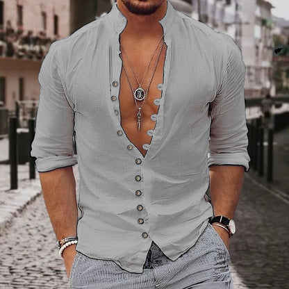Vintage Men Button-up Casual Solid Color Cotton Linen Tops Stand Collar Long Sleeve Shirts Clothes Mens Fashion Streetwear
