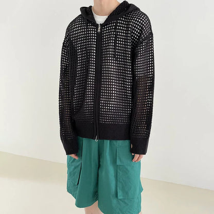 saferido Y2k Knitted Cardigan Men's Hollow Design Zipper Hoodie Outerwear Autumn Fashion Oversized Loose Sexy Long Sleeve Sweater Jacket