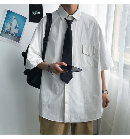 saferido       Summer New Fashion Loose Solid Shirts Men's  Casual Short Sleeve Shirts Turn-down Collar Clothing Blouses Tops Q02