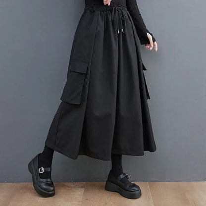 saferido Gothic Style Japanese Casual Large Pocket Culottes Fashion Loose Daily Versatile Elastic Waist Wide Leg Pants Unisex 2024 New