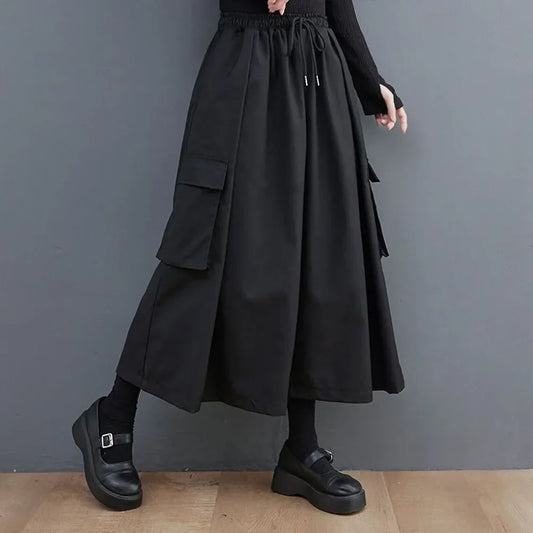 saferido Gothic Style Japanese Casual Large Pocket Culottes Fashion Loose Daily Versatile Elastic Waist Wide Leg Pants Unisex 2024 New