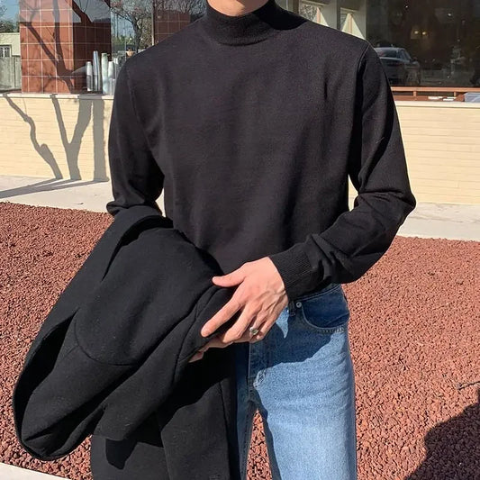 saferido Half Turtleneck Sweater Men Vintage Long-sleeved Korean Solid Knit Sweater Underwear Bottoming Shirt Casual Versatile Male