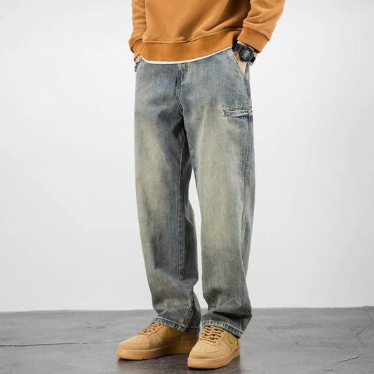 saferido American Casual Denim Pants Solid Color  Retro Wide Leg Straight Mid Waist Pockets Bottoms Loose Fit Jeans Men Clothes