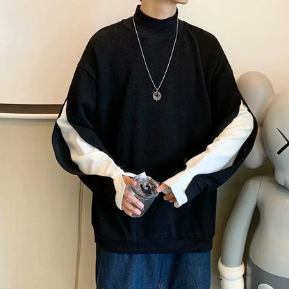 saferido Stylish Stand Collar Spliced Loose Fake Two Pieces T-Shirt Men's Clothing Spring New Casual Pullovers All-match Tee Shirt