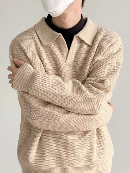 saferido Knitted Sweater Men Old Money Oversize Casual Pullovers for Man Autumn Winter Khaki Polo Tops Male Streetwear Korean