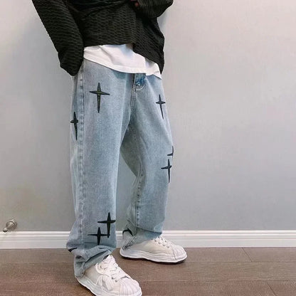 saferido Print Embroidery Jeans Men Vintage Casual Loose Wide Leg Baggy Man Trousers 2024 Spring Summer Fashion Hip Hop Male Cargo Pant