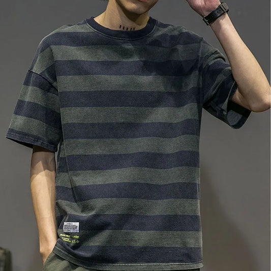 saferido Fashion Printed Spliced All-match Striped Casual T-Shirt Men's Clothing Spring New Loose Korean Pullovers Korean Tee Shirt