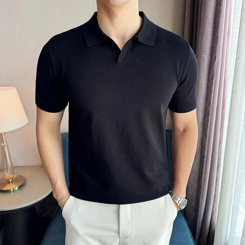 High Elasticity Men Short Sleeved Polo Shirt Summer Ice Silk Light Thin Solid Casual Lapel Knitted T-shirt Men Clothing
