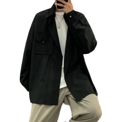 saferido Korean Streetwear Spring Color New Style Personalized Men's Suit Stand Collar Diagonal Button Long Sleeve Shirt Male