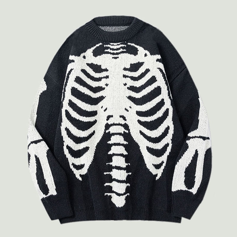 Streetwear Oversized Knitted Sweaters Mens Vintage Skeleton Bone Printed Hip Hop Harajuku Patchwork Casual Pullover Unisex Black