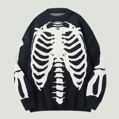 Streetwear Oversized Knitted Sweaters Mens Vintage Skeleton Bone Printed Hip Hop Harajuku Patchwork Casual Pullover Unisex Black