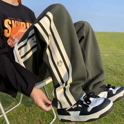saferido American Vintage Patchwork Contrasting Sports Pants Men's Autumn Print Drawstring Trend Versatile Loose Straight Casual Trousers