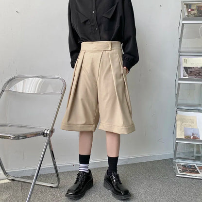 saferido New Niche Design Pasted High Waist Khaki Causal Wide Leg Shorts Summer Korean Trend Men's Knee Length Pants