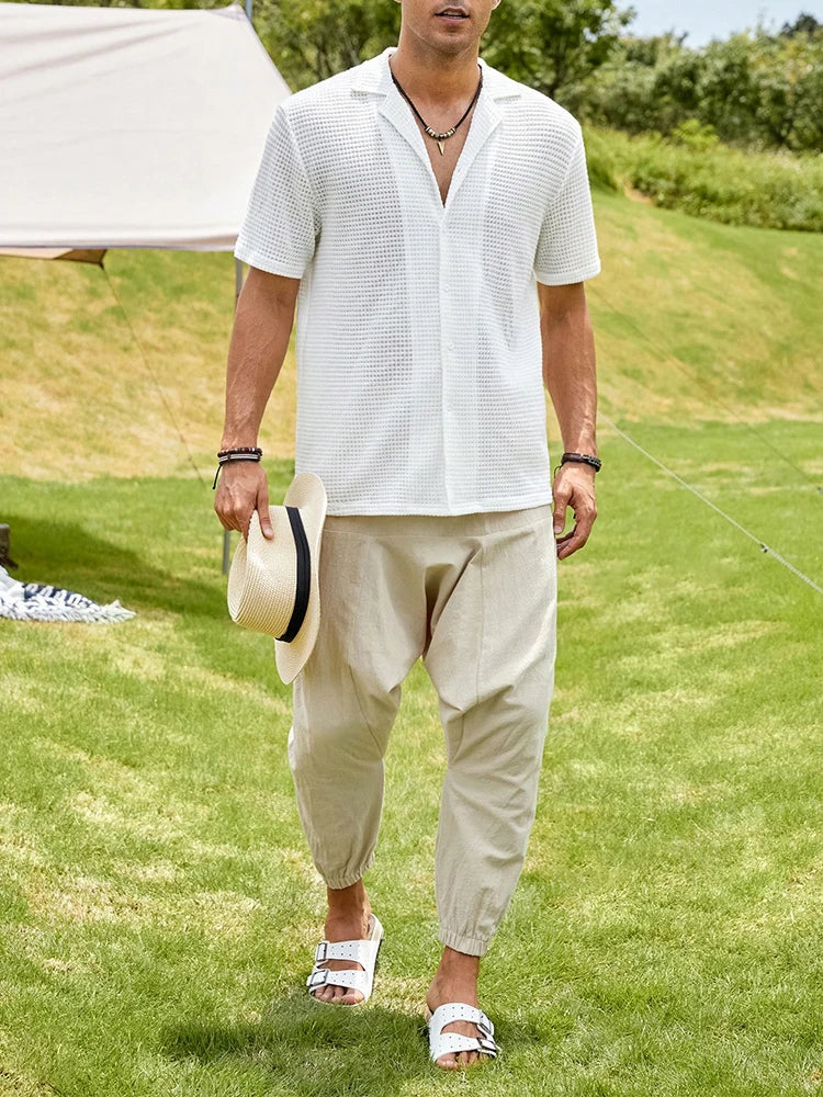 Summer New Casual Shirts For Men Fashion Solid Color Waffle Short Sleeve Shirt Vintage Mens Turn-down Collar Buttoned Shirt
