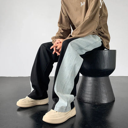 saferido Men's American Streetwear Loose Sweatpants Fitting Denim Patchwork Fabric Casual Pants Black/Grey Color Trousers M-2XL
