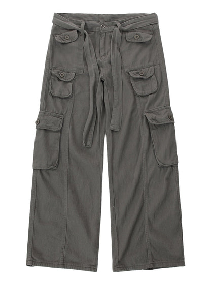 High street retro casual large pocket overalls men's and women's new summer high waist loose straight tube draped wide leg pants