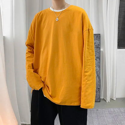 saferido Spring Multicolor Cotton T-shirt Men Fashion Solid Color Casual O-neck T Shirt Men Korean Loose Long-sleeved T-shirt Mens Tops