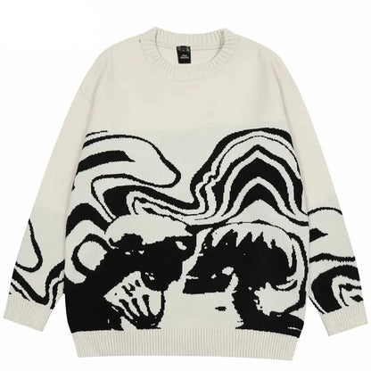 Men Streetwear Sweater Retro Painting Skull Graphic Hip Hop Knitted Sweater Vintage Pullover Casual Wool Sweater Hipster
