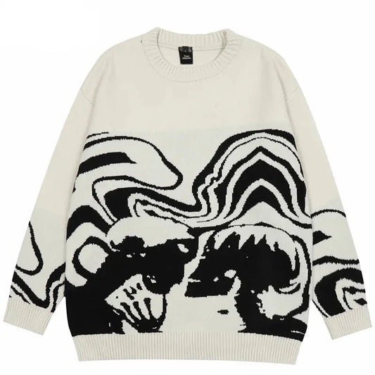 Men Streetwear Sweater Retro Painting Skull Graphic Hip Hop Knitted Sweater Vintage Pullover Casual Wool Sweater Hipster