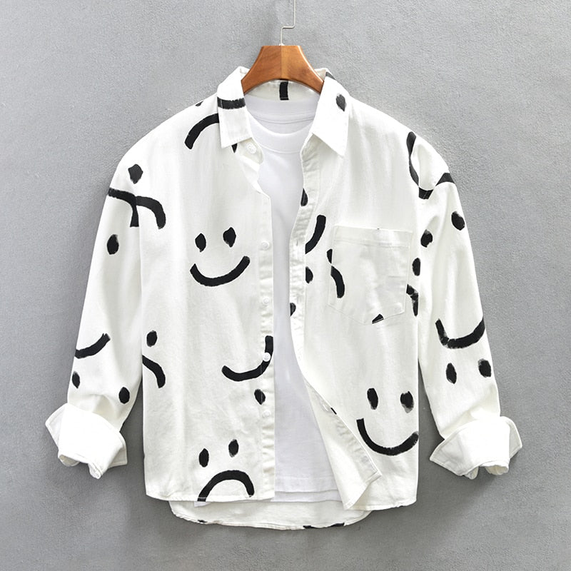 White Smiley Print Shirts for Men Long Sleeve Casual Shirt Pure Cotton Dress Shirt 40 Sticks