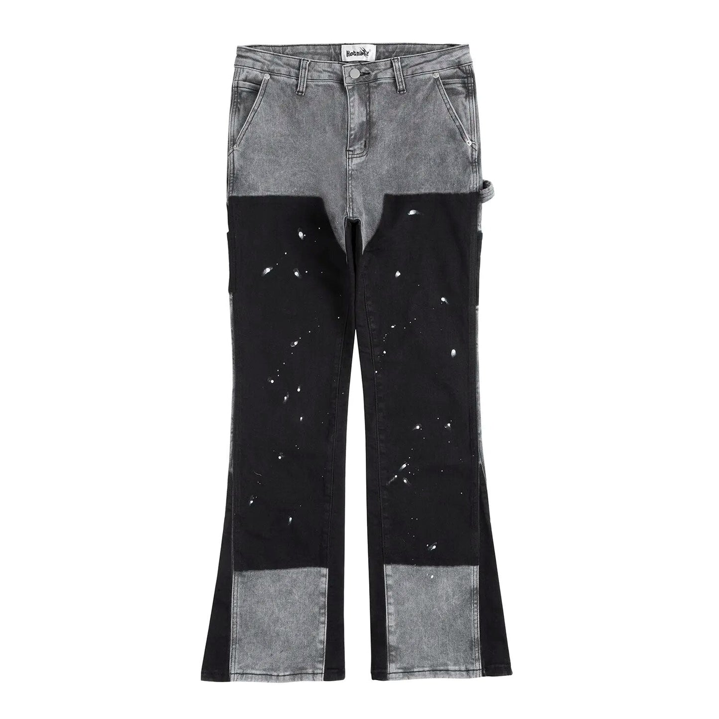 Vintage Patchwork Mens Flared Jeans Y2k Streetwear Pant  Wide Leg Hip Hop Black Colorblock Slim Fit Graffiti Denim Jeans