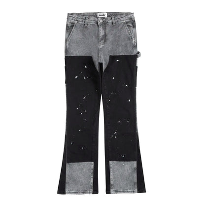 Vintage Patchwork Mens Flared Jeans Y2k Streetwear Pant  Wide Leg Hip Hop Black Colorblock Slim Fit Graffiti Denim Jeans