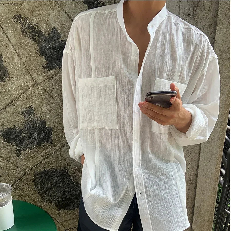 Unisex Oversized Linen Mandarin Collar Shirt Coat Men's Long Sleeve Casual Loose Fit Fashion Style Sun Protection Clothing