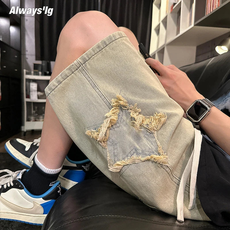 saferido New Mens Fake Zippers Jeans Shorts Korean Fashion Shorts Harajuku High Street Men Clothing Casual Shorts Streetwear Short Pants