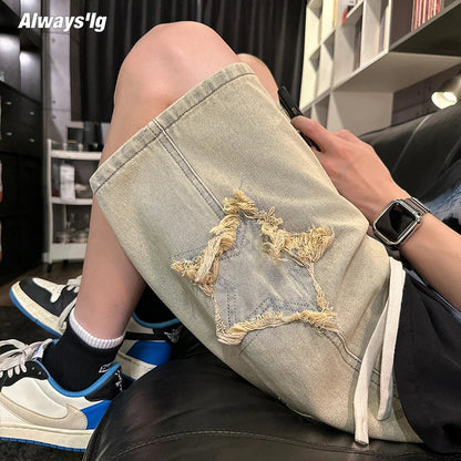 saferido New Mens Fake Zippers Jeans Shorts Korean Fashion Shorts Harajuku High Street Men Clothing Casual Shorts Streetwear Short Pants
