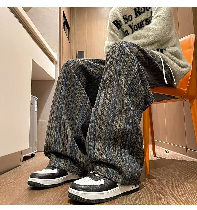 American Vintage Maillard Striped Casual Pants For Men Loose Straight Leg Wide Leg Trousers Autumn Winter Thick Woolen Pants