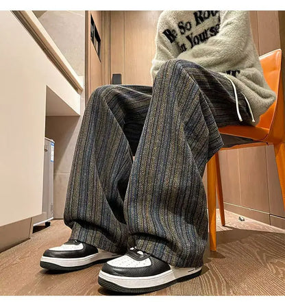 American Vintage Maillard Striped Casual Pants For Men Loose Straight Leg Wide Leg Trousers Autumn Winter Thick Woolen Pants