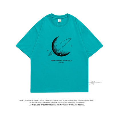 HybSkr Simple Stroke Moon Graphic Men Tshirt Oversize Letter Print Short Sleeve T-shirt Cotton Male Streetwear Unisex Basic Tops