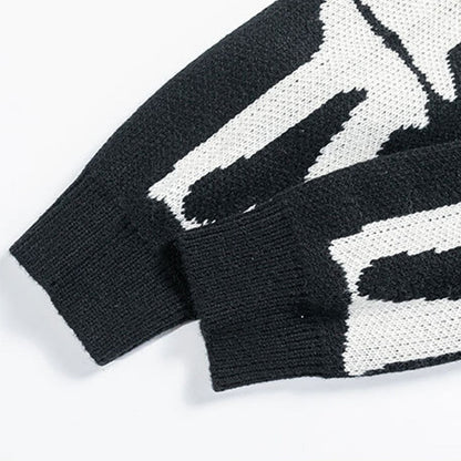 Streetwear Oversized Knitted Sweaters Mens Vintage Skeleton Bone Printed Hip Hop Harajuku Patchwork Casual Pullover Unisex Black