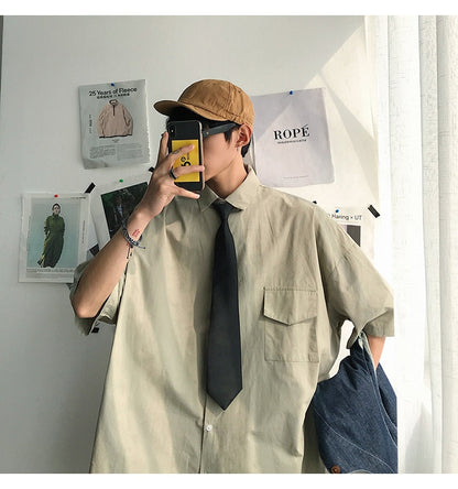 saferido       Summer New Fashion Loose Solid Shirts Men's  Casual Short Sleeve Shirts Turn-down Collar Clothing Blouses Tops Q02