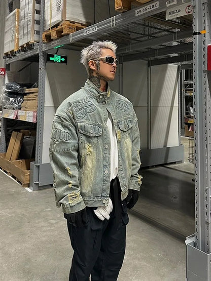 saferido New American High Street Tide Biker Denim Coat Armor Filling Men and Women with The Same Couple Models Trend Design Sense Jacket