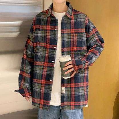 saferido Long Sleeved Shirt Men Oversized Fashion Retro Plaid Shirt Men Streetwear Loose Casual Shirt Mens Vintage Shirts Plus Size 5XL