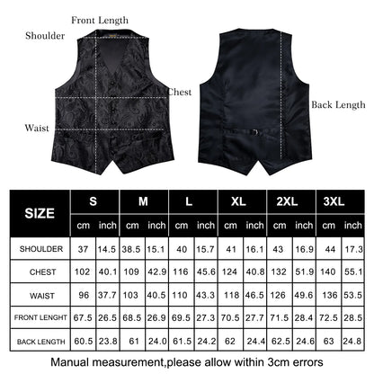 Men Black Paisley Vest Necktie Bowtie Pocket Square Cufflinks Dress Set Classic 5 PCS Business Waistcoat for Man