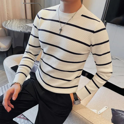 saferido Men High Quality Winter Basic Round Neck Sweaters Casual Soft Warm Long Sleeve Sweater Korean Knitted Stripe Pullover 4XL-M