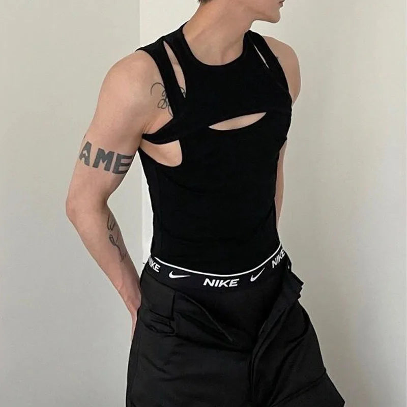 saferido American Style New Tops Sexy Hollow Fake Two Pieces Men's Clothing Summer Hollow Out Fashion Slim Bodybuilding Tank Tops