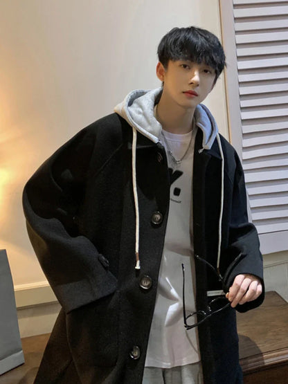 Hooded Blends Men Korean Style Lace-up Spliced Single Breasted Spring Autumn Temperament Streetwear Tender Advanced Classic