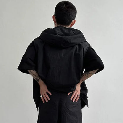 saferido Men Cargo Vest Hooded Summer Japanese Zipper Design Sleeveless Tops Male Korean Streetwear Hip Hop Unisex Plus Size Waistcoat