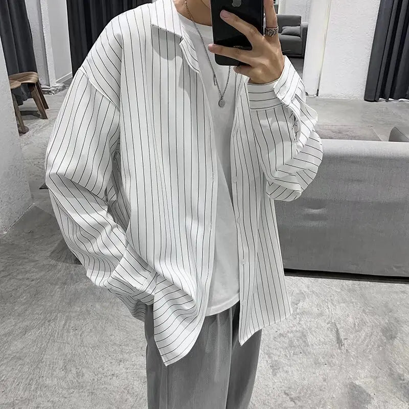 saferido Male Korean Long Sleeve Striped Shirts Men's Single-breasted Dress Shirt Business Office Casual Shirt Slim Fit Streetwear Homme