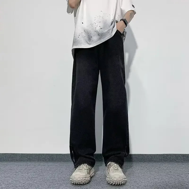 saferido Trendy Black American Style Vibe Straight-leg Jeans Men's Casual Loose Fit Zippered Side Slit Denim Trousers