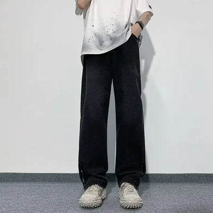 saferido Trendy Black American Style Vibe Straight-leg Jeans Men's Casual Loose Fit Zippered Side Slit Denim Trousers