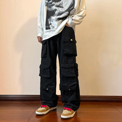 saferido Cargo Pants Multi-pockets Tooling Pant Harajuku Men's Vintage Loose Wide Leg Pants Streetwear Casual Hip-hop Mopping Trousers