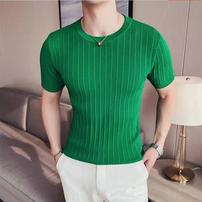 Brand Clothing Men's Summer Leisure Short Sleeve T-Shirt/Male Slim Fit O-Neck Stripe Knitted T-Shirt Plus Size S-4XL
