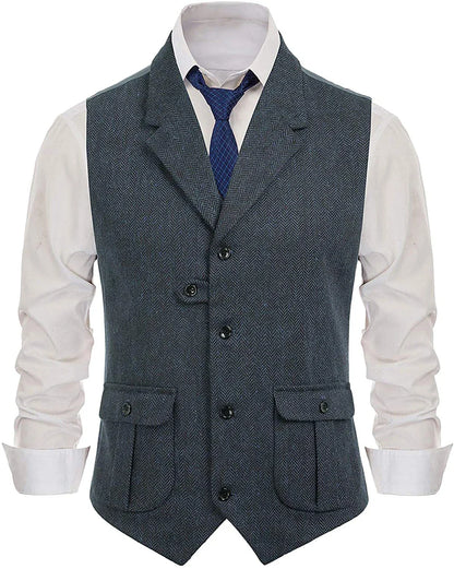 Herringbone Men's Vests Casual Suit Vest Notch Lapel with Two Pockets Herringbone Waistcoat for Wedding Groomsmen  Men Vest