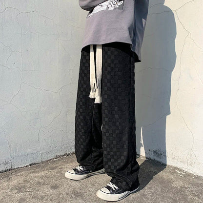 saferido Straight Wide Leg Knitted Sweatpants Men's Spring Autumn Solid Color Plaid Casual Pants Sports Trend Classic All-match Trousers