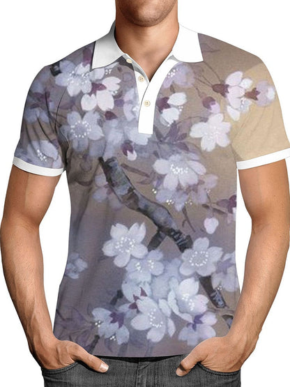 Pullover Tops Mens Fashion Turn-down Collar Button-up Polos  Vintage Print Polo Shirt Men Summer Short Sleeve Casual shirts